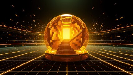 Fototapeta premium Glowing spherical structure contains stairs leading toward bright light. Digital grid extends into dark space. Futuristic design.