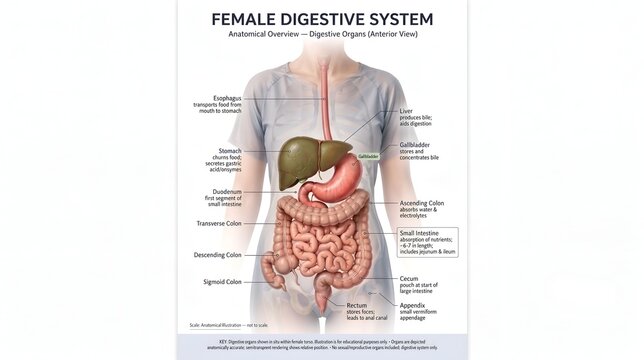 Female digestive system anatomical overview showing internal organs in transparent torso on white backdrop