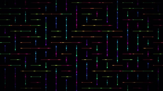 Abstract digital circuit pattern with glowing neon lines pulsing on black background