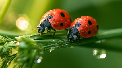 Obraz premium Two vibrant ladybugs crawl gracefully across a verdant green leaf, showcasing nature's delicate beauty and miniature insect life