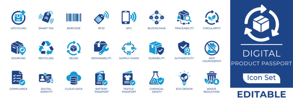 Digital product passport and traceability glyph icon set. Featuring sustainability, barcode scan, and tracking. Vector icons for circular economy.