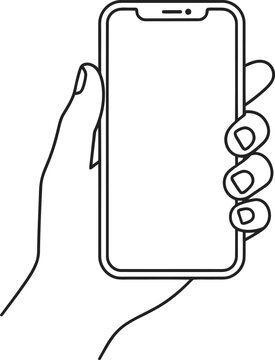Hand holding smartphone outline illustration for mobile app interface presentation and digital technology communication concepts.