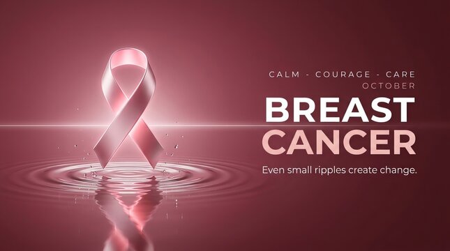 Pink ribbon gracefully floating above rippling water, symbolizing awareness, hope, and support for breast cancer research, a campaign concept for October