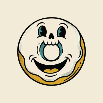 Spooky Halloween Donut Character with Skull Face and Smiling Mouth