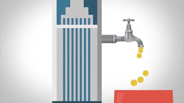 Water tap dripping gold coins into a red container graphic motion clip vector animation footage