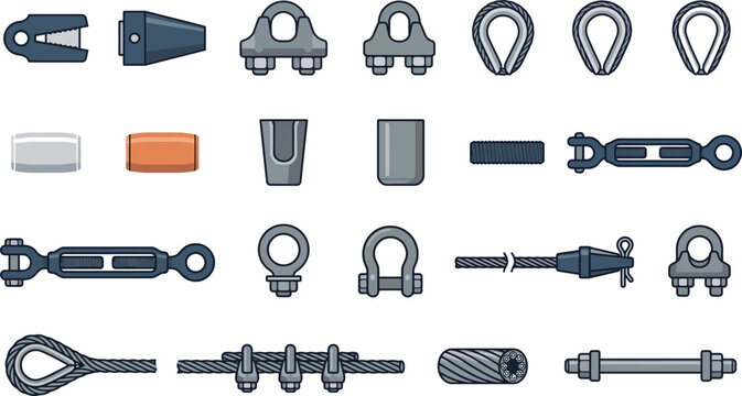 Collection of rigging hardware icons including thimbles shackles and turnbuckles flat vector illustration for industrial and marine applications isolated on white