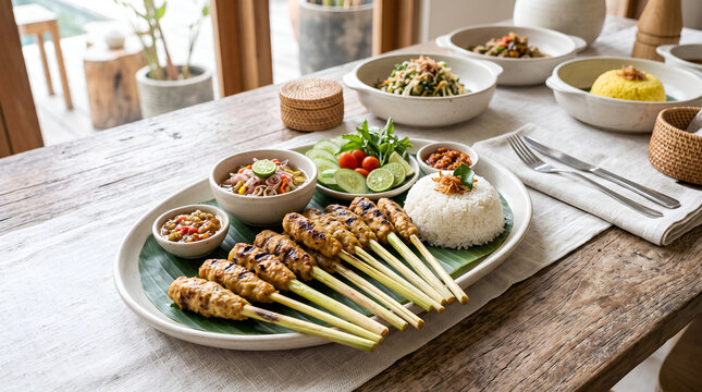 Sate lilit served with rice, sambal matah and fresh sides in a premium Balinese meal presentation for hotel dining, catering, events, hospitality and culinary tourism.