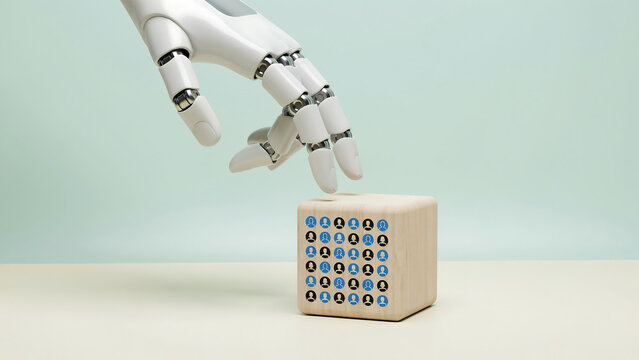 Robotic hand reaching towards a wooden cube with a grid of blue and black human representing data management and population analytics