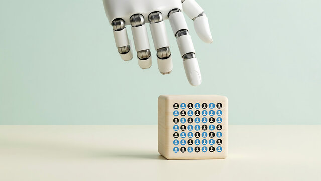 Robotic hand pointing at a wooden cube featuring a grid of human symbolizing artificial intelligence, data management, and user analytics