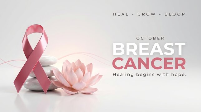 Pink ribbon gently resting beside smooth grey stones and a lotus flower, symbolizing breast cancer awareness, support, and the hope for healing and continued wellness