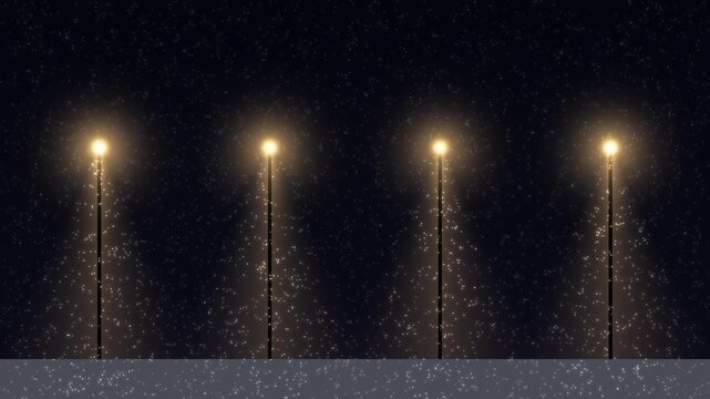 Snow falling through warm cones of light from a row of street lamps on a quiet winter night, glowing snowflakes