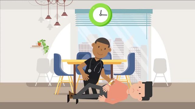 Medical professional giving an injection to a patient lying on the floor in a bright animation video footage