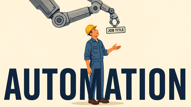A mechanical robotic arm holding a sign labeled job title above a worker in blue overalls, with the word automation written in large letters