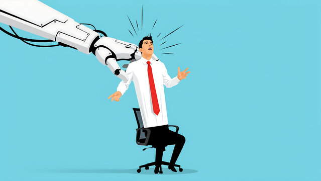 A large white robotic arm pressing down on the head of a businessman in a white shirt and red tie sitting in an office chair, blue background