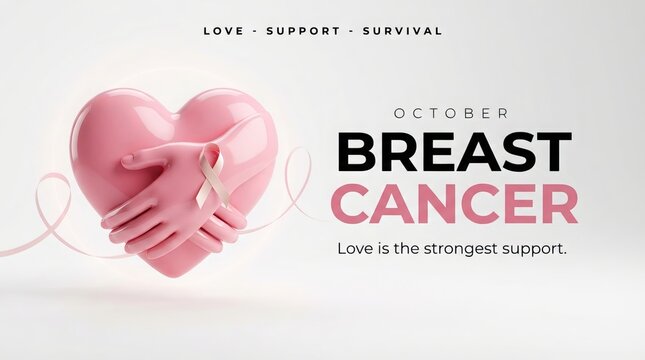 Pink heart shape gently embracing a ribbon, symbolizing support and hope, with text promoting breast cancer awareness, representing love's enduring strength