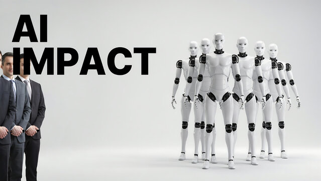 A group of men in suits standing on the left and a group of white humanoid robots standing on the right with the text ai impact on a white background