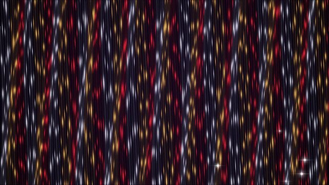 Shimmering curtain of silver, gold and red tinsel strands swaying with glinting highlights, glamorous party backdrop