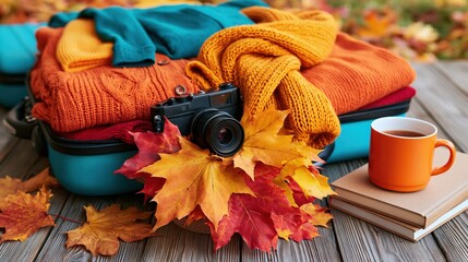 Fototapeta premium Stack of warm clothing and camera sits atop an open suitcase surrounded by autumn leaves.