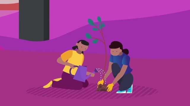 Two people planting and watering a young tree together in vector animation video footage clip