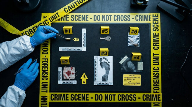 Forensic Investigation Crime Scene Evidence Board with Footprint Keys and Blood Samples