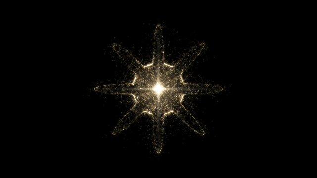 Golden particles swirling together to form a glowing eight point star and dispersing again on black background