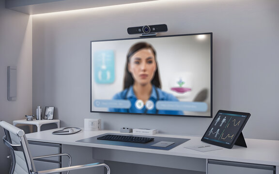 Ultra-realistic modern telemedicine consultation room with wall-mounted monitor, webcam, digital health charts, tablet, keyboard, stethoscope and minimalist remote healthcare technology interior