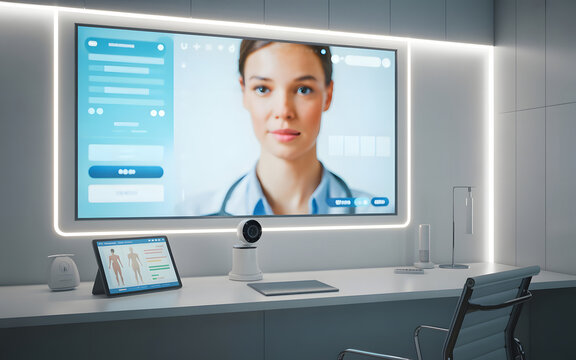 Ultra-realistic modern telemedicine consultation room with wall-mounted monitor, webcam, digital health charts, tablet, keyboard, stethoscope and minimalist remote healthcare technology interior