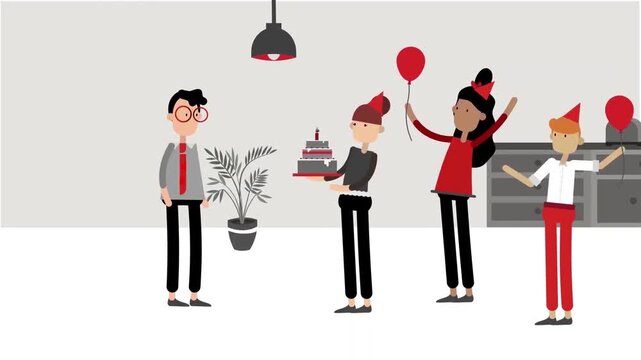 Animated office workers celebrating a colleague birthday party holding a cake and red balloons vector video clip