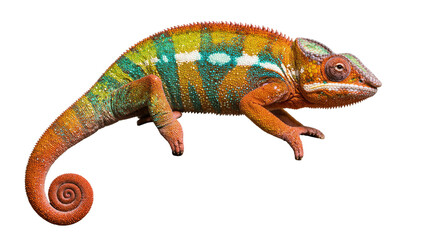 Vibrant chameleon with orange green and blue scales, isolated on transparent background © iPNGi