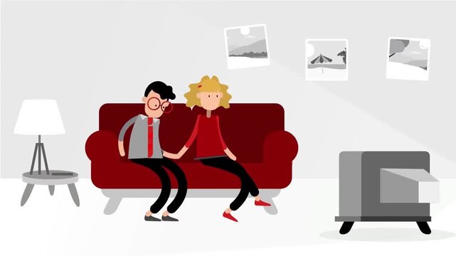 Animated couple sitting together on a cozy red couch watching television in a modern minimalist living room