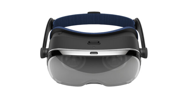 Black virtual reality headset with blue fabric strap, isolated on transparent background