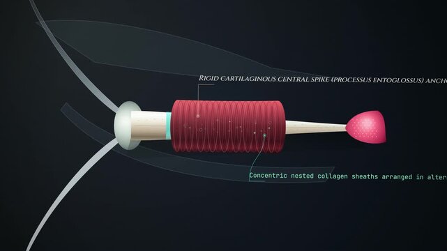 3D animation of the ballistic mechanism of a chameleon (Chamaeleonidae) tongue, detailing the hyoid bone, accelerator muscle, and elastic recoil process for high-speed projection