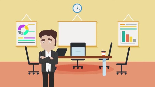 Animated businessman standing with crossed arms inside modern office workspace containing conference table and charts video footage