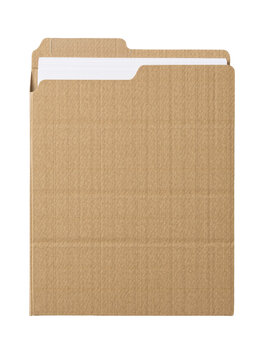 Brown cardboard file folder holding white paper sheets, isolated on transparent background