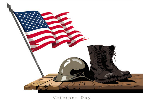 Veterans Day Vector Illustration with Military Combat Boots, Helmet, and Waving American Flag on Wooden Surface