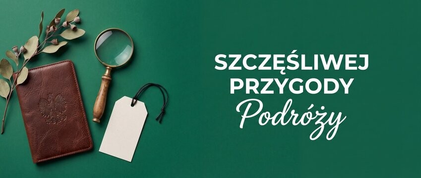 Polish passport travel flat lay with magnifying glass blank luggage tag and rustic botanical leaves on solid dark green background for adventure vacation planning journey concept mockup with copy spac