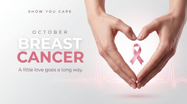 Gentle hands form a heart shape around a pink ribbon, symbolizing breast cancer awareness, with supportive text, highlighting October's important campaign, representing care