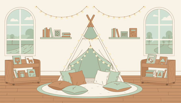 Kids teepee tent sitting in cozy playroom between two windows
