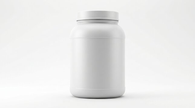Blank white plastic jar for protein powder or sports nutrition supplement