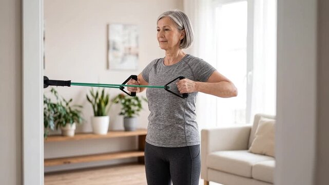 Senior woman performing standing resistance band rows for posture and upper-back strength in bright modern home, active aging and healthcare campaign