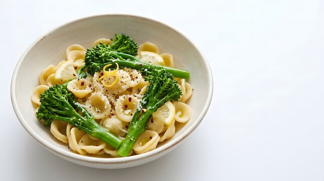 Orecchiette pasta with tender broccolini, lemon zest, parmesan and chili flakes in a ceramic bowl.