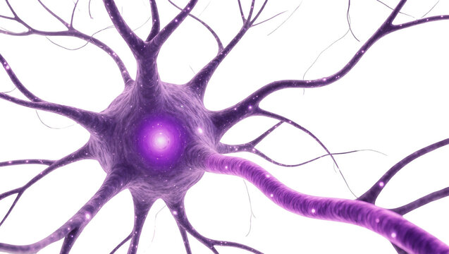 Purple neuron cell with glowing nucleus and branching dendrites, isolated on transparent background