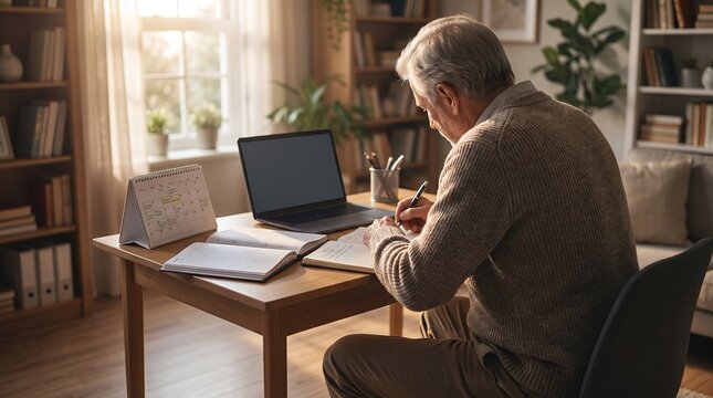 Senior man working at home desk with laptop and books