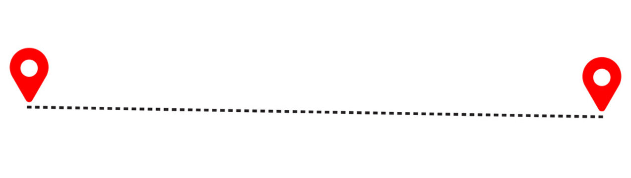 Airplane routes flight path vector with location pins. Airplane line path icon of air plane flight route with start point and dash dotted line trace.
