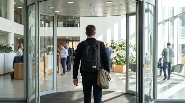 Man entering modern office building through revolving doors
