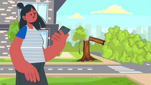 Woman walking on sidewalk while looking at her smartphone in animated street footage clip