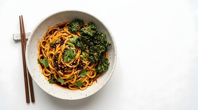 Spicy chili oil noodles topped with crispy kale, sesame seeds, cilantro and spring onion in a speckled bowl.