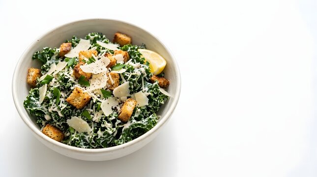 Creamy kale Caesar salad topped with crunchy croutons, shaved parmesan and a fresh lemon wedge.