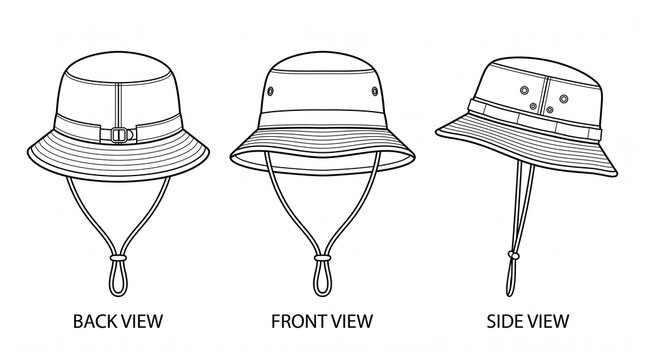 Bucket Hat Fashion Technical Drawing Template - Front, Back, and Side View Vector Illustration