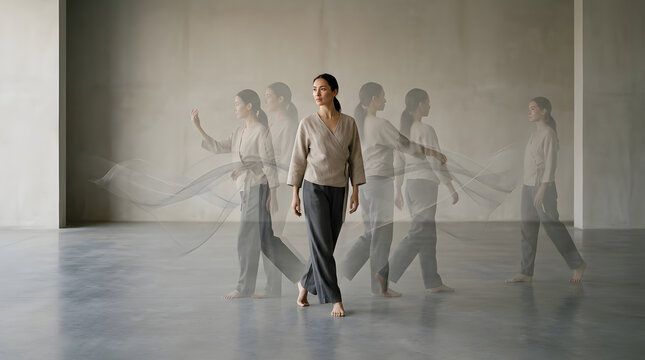 Woman practicing mindful movement in a minimalist studio with motion